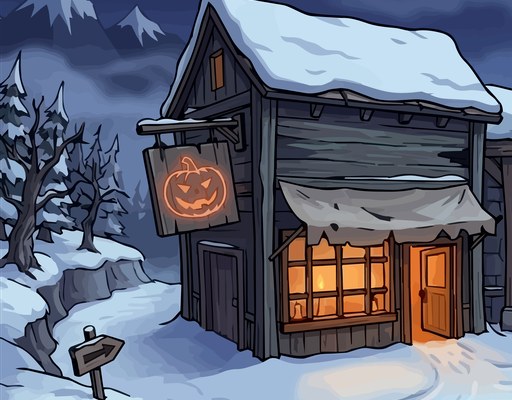 Pumpkin shop glowing in the snowy plaza